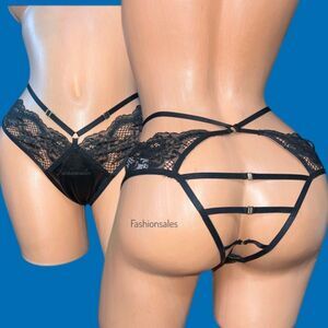 Victoria’s Secret Sexy Strappy & faux leather Brazilian Slip  panty Black Small